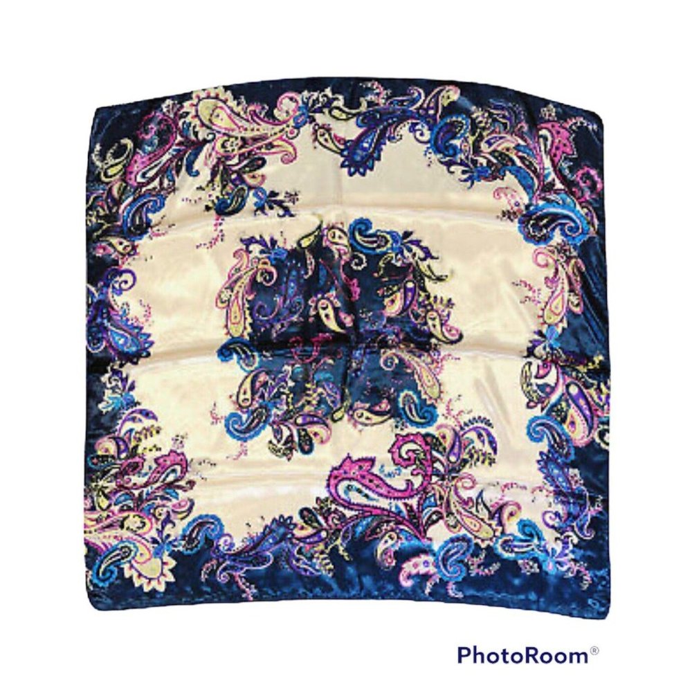 Wrapables Silky Feeling Satin Square Scarf, Intricate Paisley Navy 34"x35"